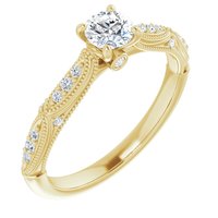 14K Yellow 4 mm Round Forever One™ Near Colorless Lab-Grown Moissanite & 1/8 CTW Natural Diamond Engagement Ring